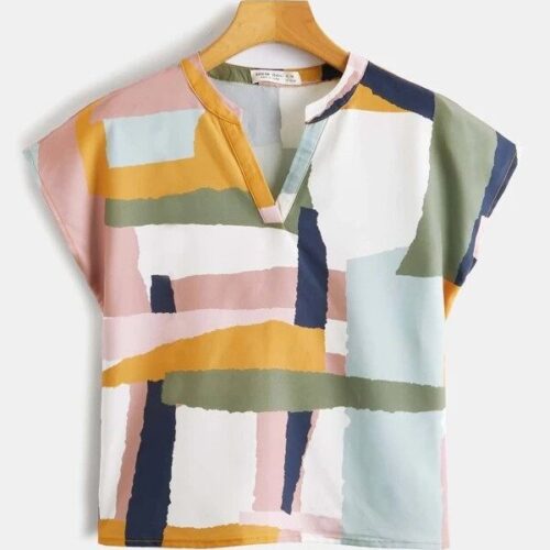 Girls Notched Neck Color Block Top