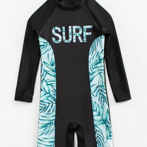 Toddler Boys Plant Print Zipper Back One Piece Swimsuit - Black