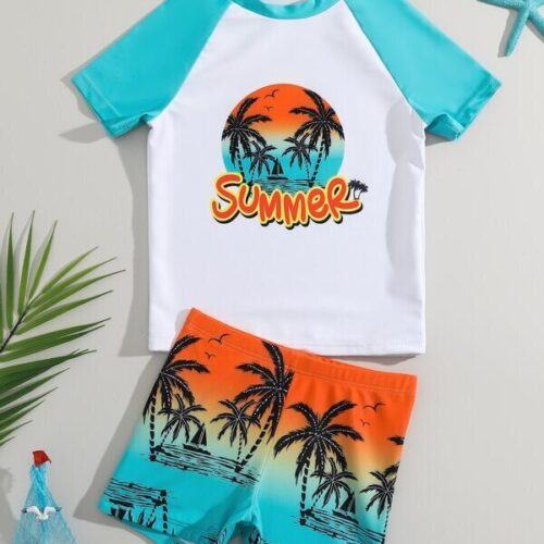 Toddler Boys 2 Piece Set Tropical Print Beach Swimsuit - Multicolor