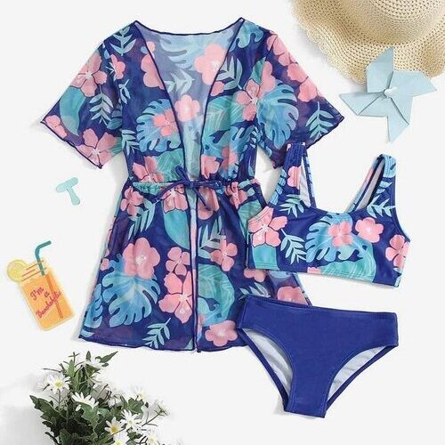 Toddler Girls 3pc Tropical Print Drawstring Waist, Bikini Swimsuit - Blue