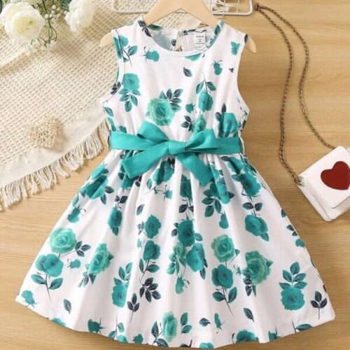 Toddler Girls Floral Print, Keyhole Back, Belted Dress - Green