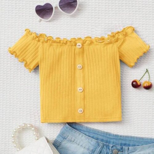 Girls Off Shoulder Lettuce Trim Tee - Yellow