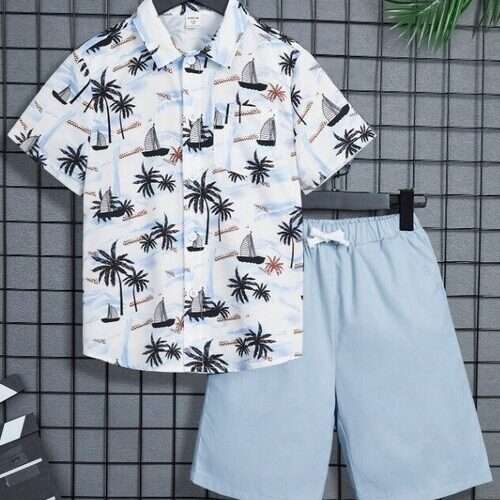 Boys Tropical Print Shirt and Drawstring Waist Shorts