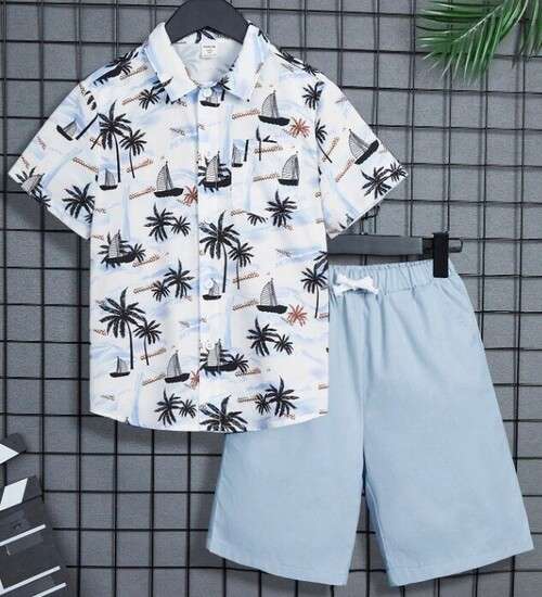 Boys Tropical Print Shirt and Drawstring Waist Shorts