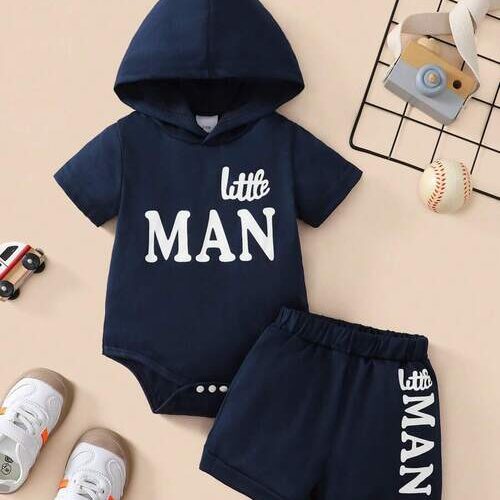 Baby Boy Hooded Bodysuit and Short Set - Navy Blue