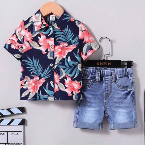 Baby Boy Tropical Print Shirt and Denim Jeans Shorts