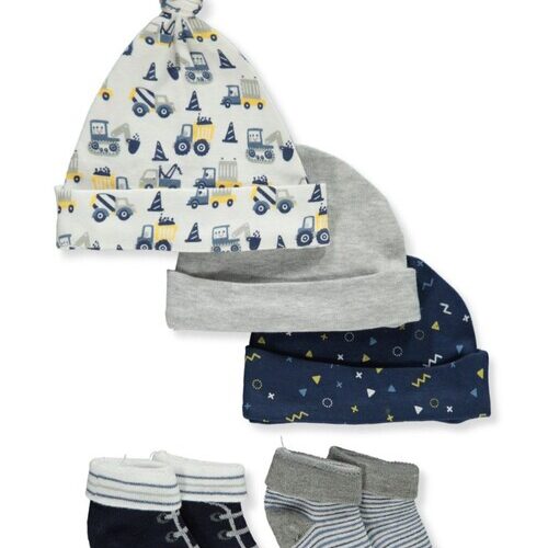 Baby Boy 5Pcs Booties and Hats Set