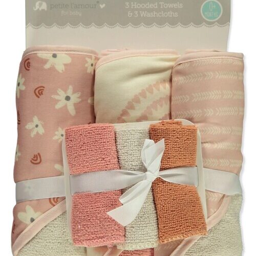 Baby Girl 6Pcs Washcloths and Hooded Towel Set - Floral Print