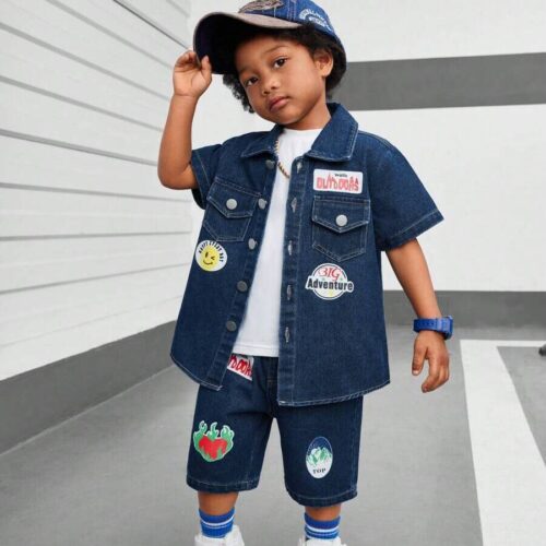 Boys 3Pc Vest, Badge Print Denim Jacket and Shorts Set