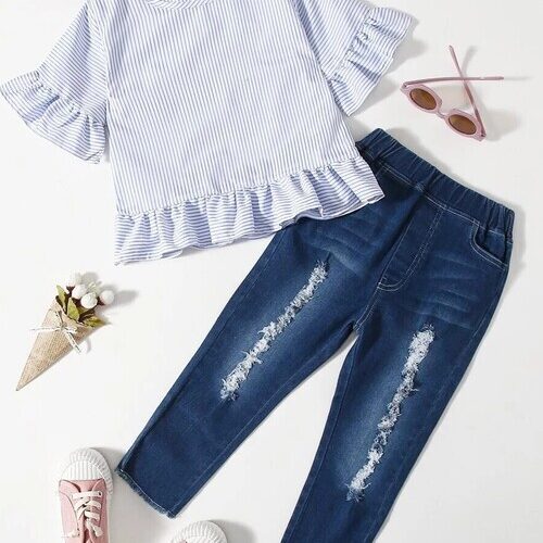 Toddler Girls Striped Blouse and Jeans Set
