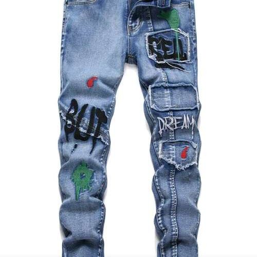 Boys Letter Embroidery Frayed Hem Jeans - Medium Wash