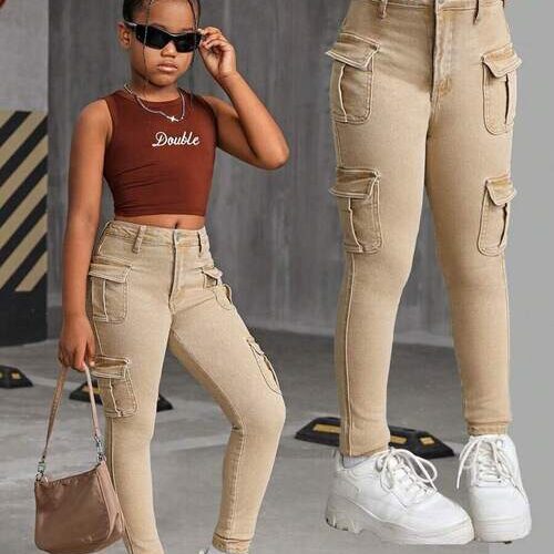 Girls High Waisted Skinny Cargo Jeans