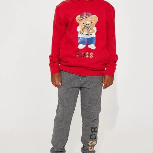 Toddler Boys Boss Bear Fleece Jogger Pants and Long Sleeve Hoodie Set - Red
