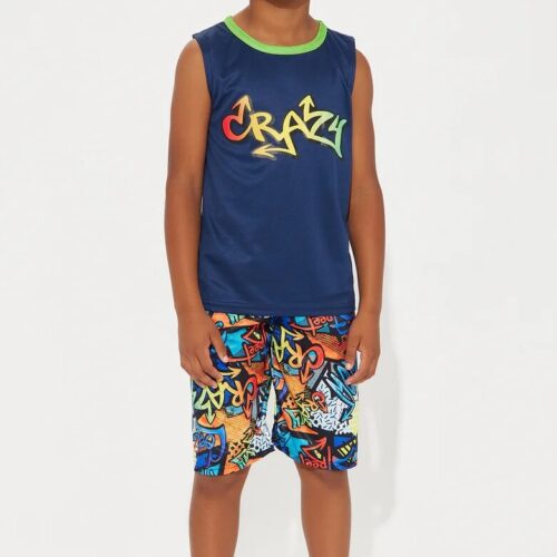 Boys 'Going Crazy' Print Vest and Shorts - Blue