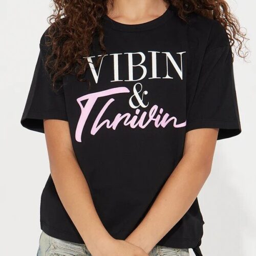 Girls Black "Vibin" Print Tee