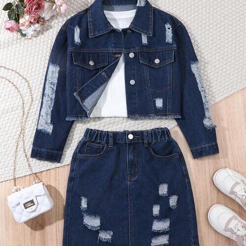 Girls Casual Distressed Short Skirt and Jacket Set - Dark Wash