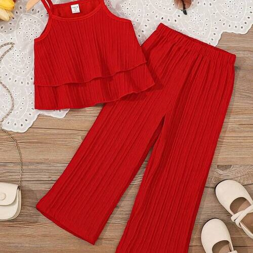 Girls Fashionable Ruffle Top and Pants Set - Red