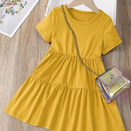 Girls Short Sleeve Ruffle Hem Summer Dress - Yellow