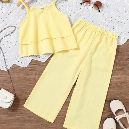 Girls Fashionable Ruffle Top and Pants Set - Yellow