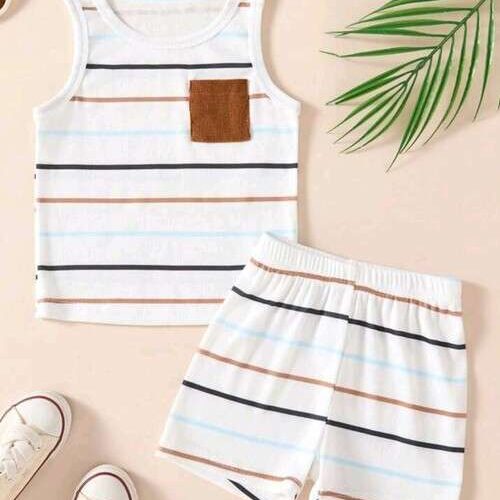 Baby Boy Striped Pocket Round Neck Vest and Shorts Set