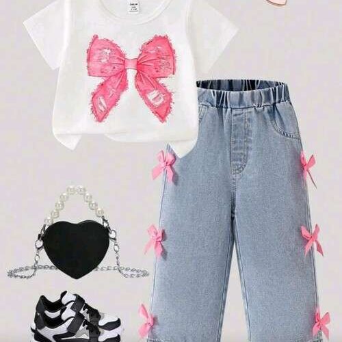 Baby Girl Pink Bow Print Short Sleeve Top and Denim Pants