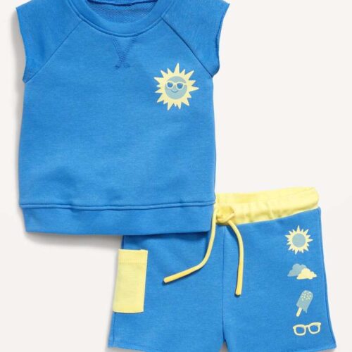 Baby Boy Sun Print Cut Off Sweatshirt and Shorts Set