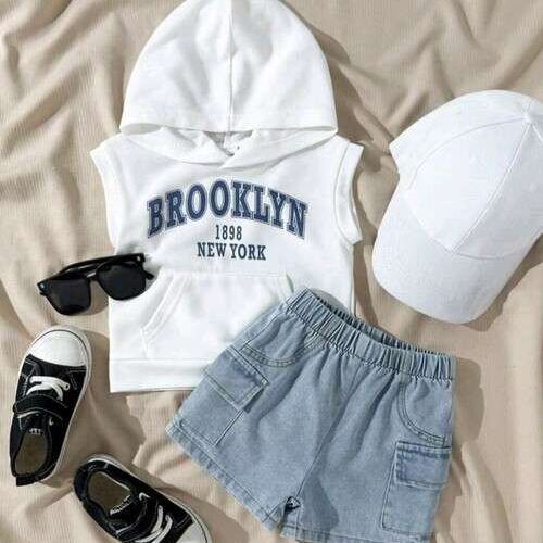 Baby Boy Hooded Sleeveless Top and Denim Short Set