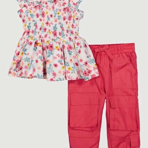 Baby Girl Floral Smocked Sleeveless Top and Jogger Set