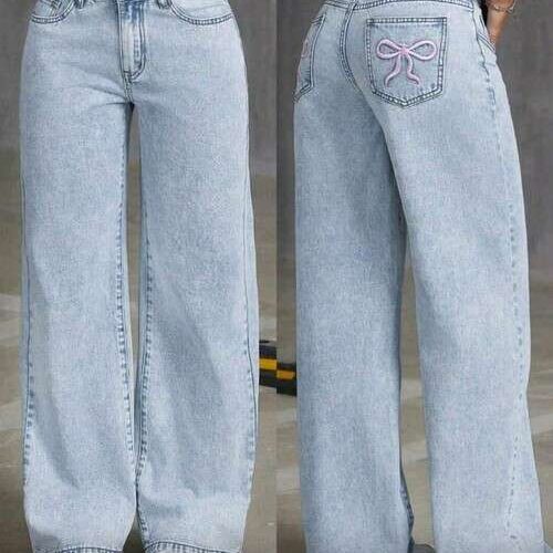 Girls Loose Fit, Wide Leg Bow Print Jeans Pants