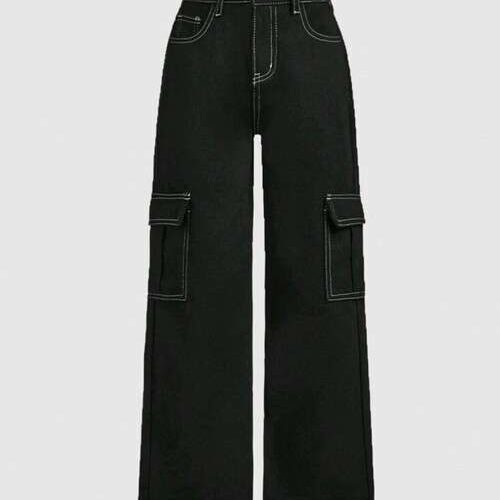 Girls Casual Baggy Flap Pocket Cargo Jeans