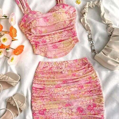 Girls Ditsy Floral Knitted Mesh Ruche Bodycon Top and Skirt Set