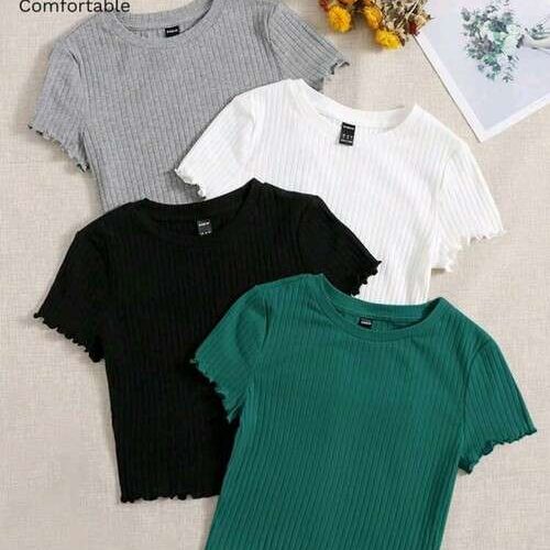 Girls Lettuce Trim Rib Knit Tees