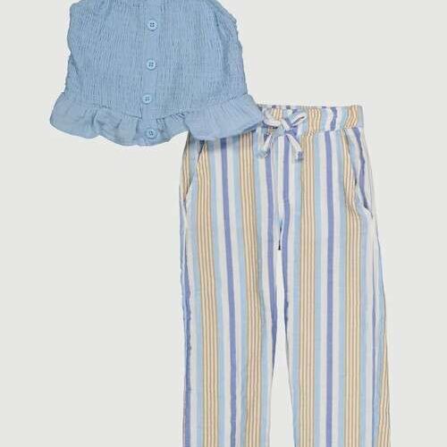Toddler Girls Ruffled Smocked Top and Striped Pants Set