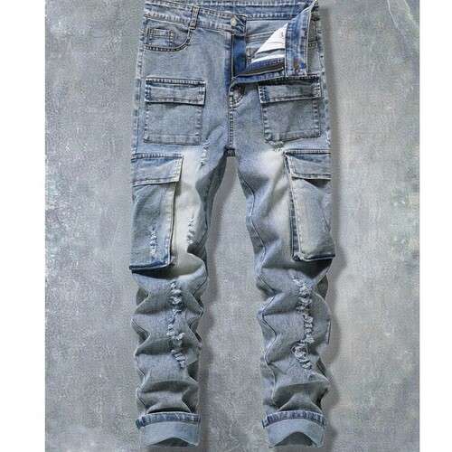 Boys Vintage Street Style Distressed Multi Pocket Skinny Jeans