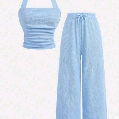 Girls 2pcs Ruche Textured Cropped Halter Neck Top and Pant Set