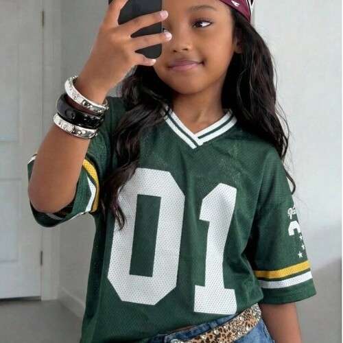 Girls V-Neck Short Loose Fit Number Print Shirt