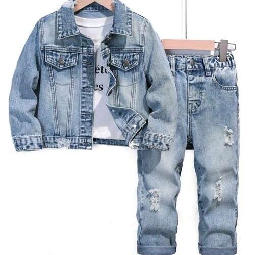 Boys 2Pcs Denim Outfit Distress Jacket and Relaxed Straight Leg Jeans