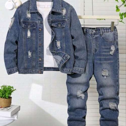 Boys Ripped Denim Jacket and Straight Leg Jeans Set - Medium Wash