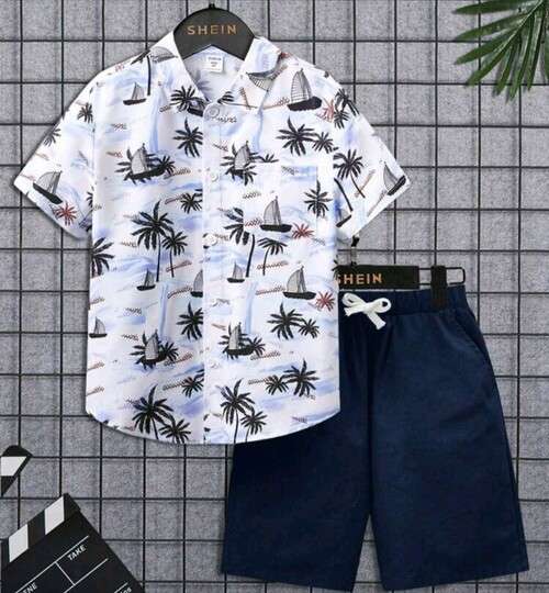 Boys Tropical Print Shirt and Drawstring Waist Shorts - Image 2