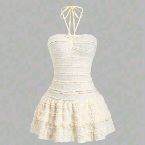 Girls Textured Tie Up Halter Waist Flared Mini Dress