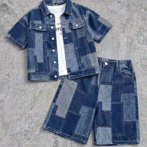 Boys 2Pcs Vintage Street Style 2 Tone Jacket and Shorts Set
