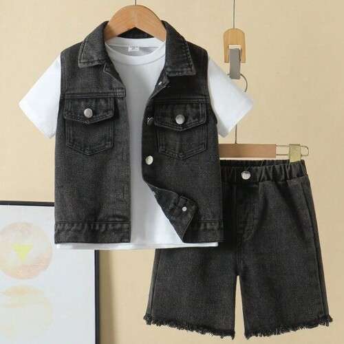 Boys 3Pcs Short Sleeve T-Shirt, Distressed Denim Vest and Short Set