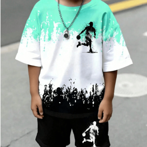 Boys Gradient Color Round Neck Tee And Shorts Set