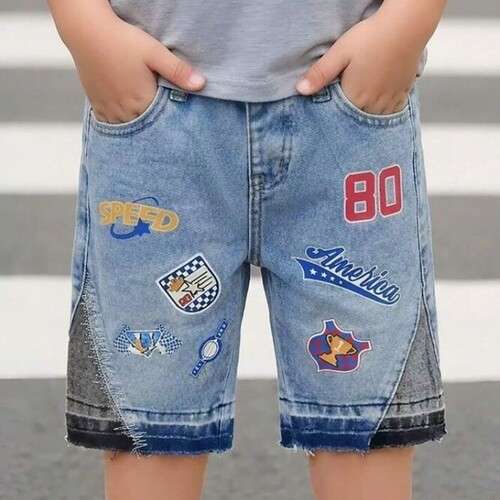 Boys Graphic Design Patchwork Denim Shorts