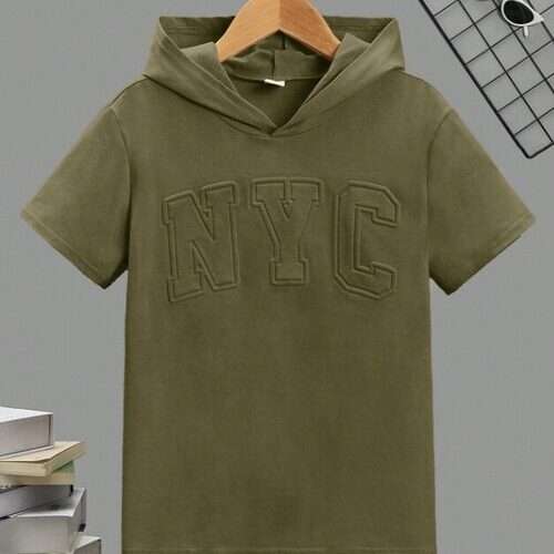 Boys Letter Embossed Pullover Hooded Short Sleeve T-Shirt
