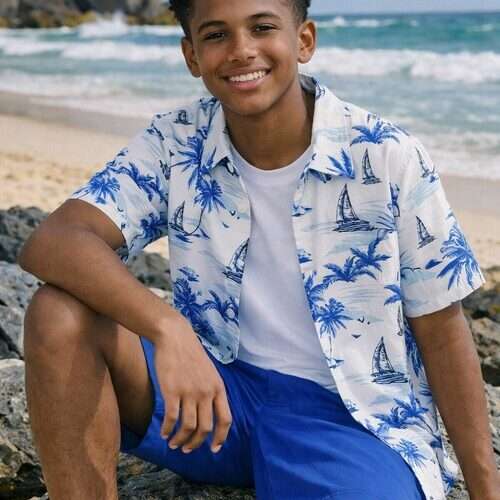 Boys Beach Vacation Style Coconut Print Shirt and Shorts Set
