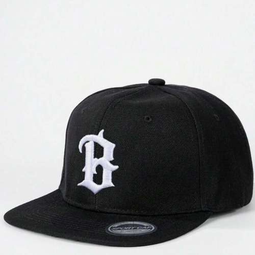 Embroidered B Flat Brim Baseball Cap - Black