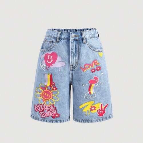Girls Casual Vintage Floral And Letter Pattern Denim Shorts