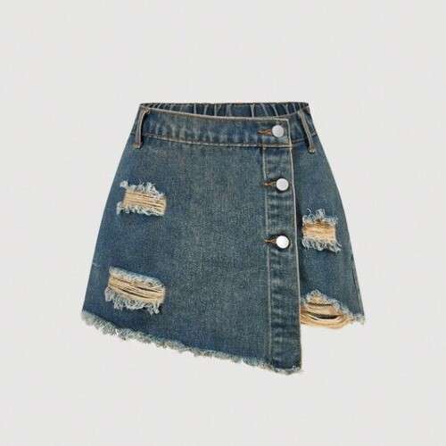 Girls Fashion Ripped Frayed Denim Skort