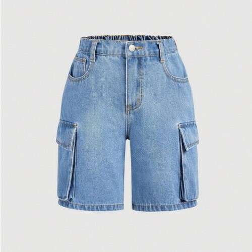 Girls Flap Side Pocket Baggy Straight Leg Jean Shorts
